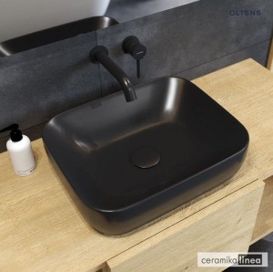 Oltens Hamnes umywalka 46,5x37,5 cm nablatowa owalna z powłoką SmartClean czarny mat 40801300